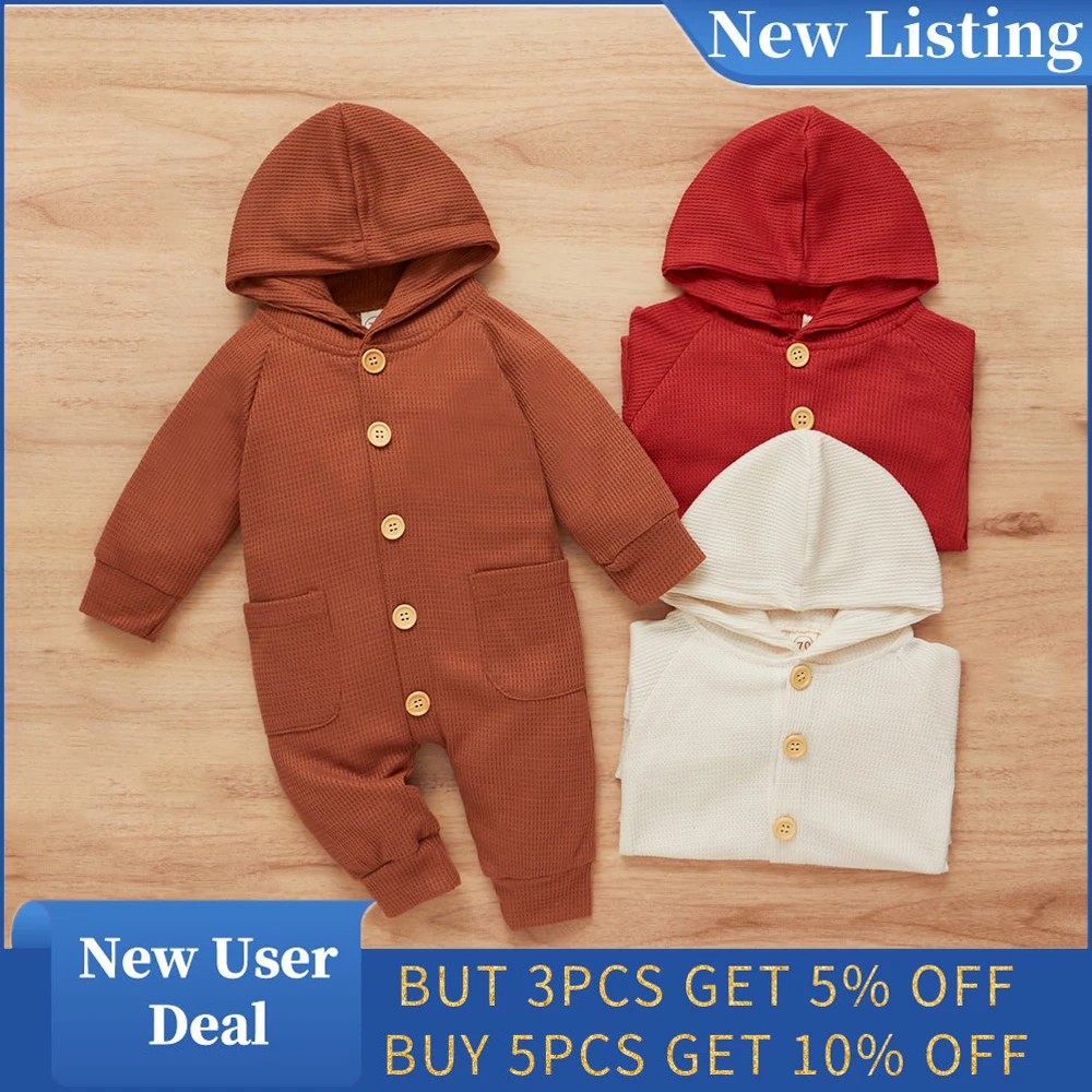 

2021 New Baby Romper Playsuit Solid Bebe Hooded Body Suit Button Up Climbing Bebe Clothes Newborn Baby Cotton Clothing 0-24M