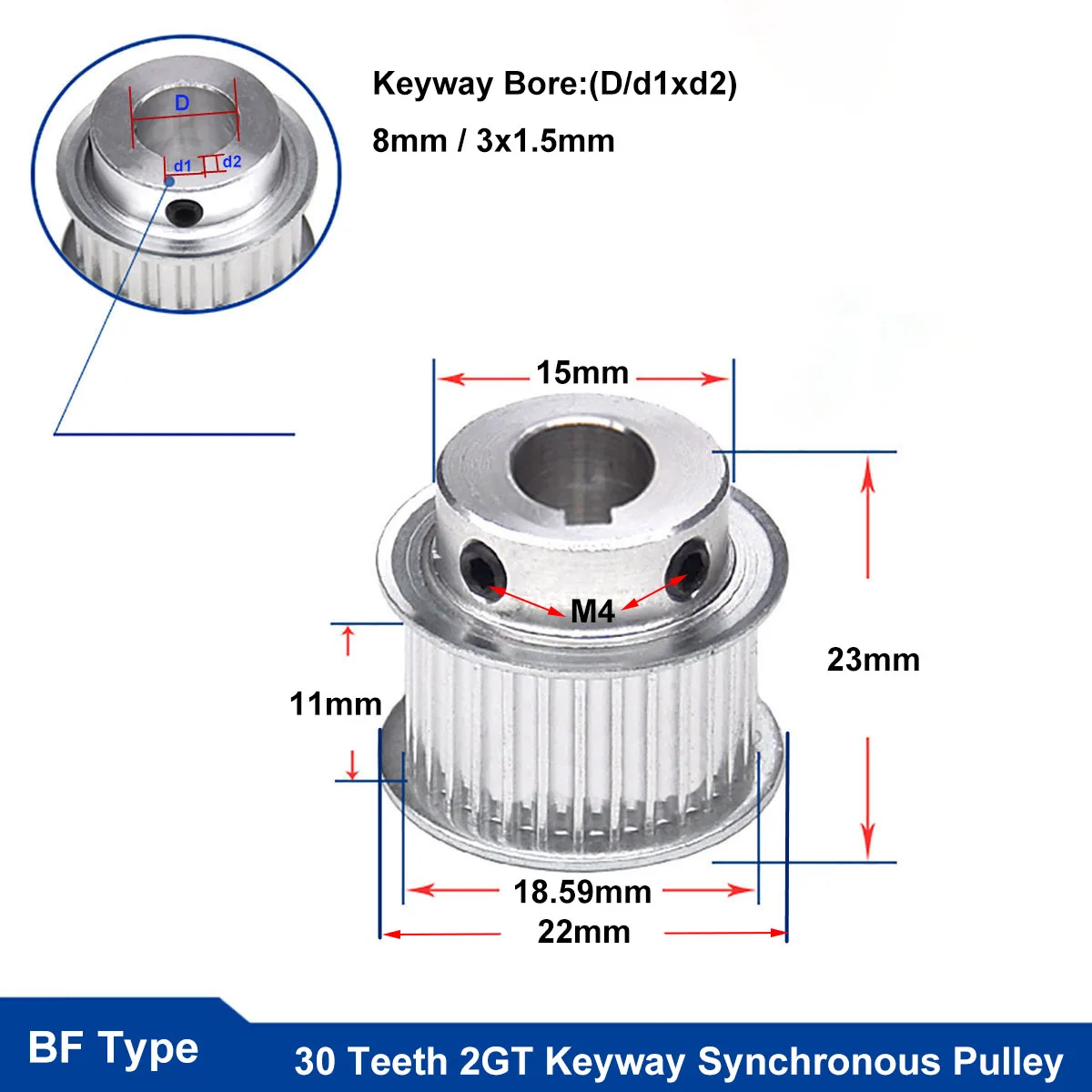 

30 Teeth 2GT BF Type Synchronous Timing Pulley Keyway Bore 8mm / 3x1.5mm Aluminium Idler Pulley For 10mm Width 2GT Timing Belt