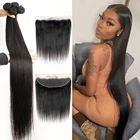 Бразильские прямые человеческие волосы, 3, 4 пряди с 13x4 фронтальной застежкой, прозрачные кружевные волосы для наращивания для черных женщин