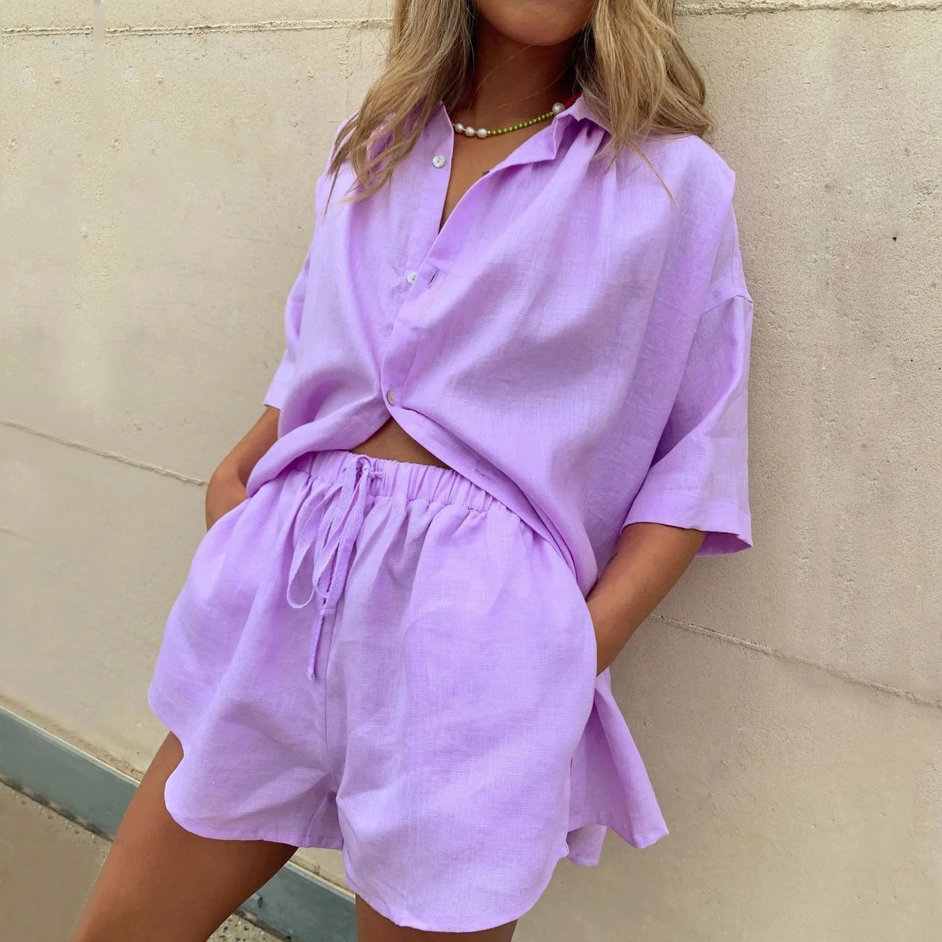 2022 Summer Loose Shirt Shorts Two Piece Set Holiday Style T-shirt Short Pants Suit New Fashion Women Outfits 2-piece fitting