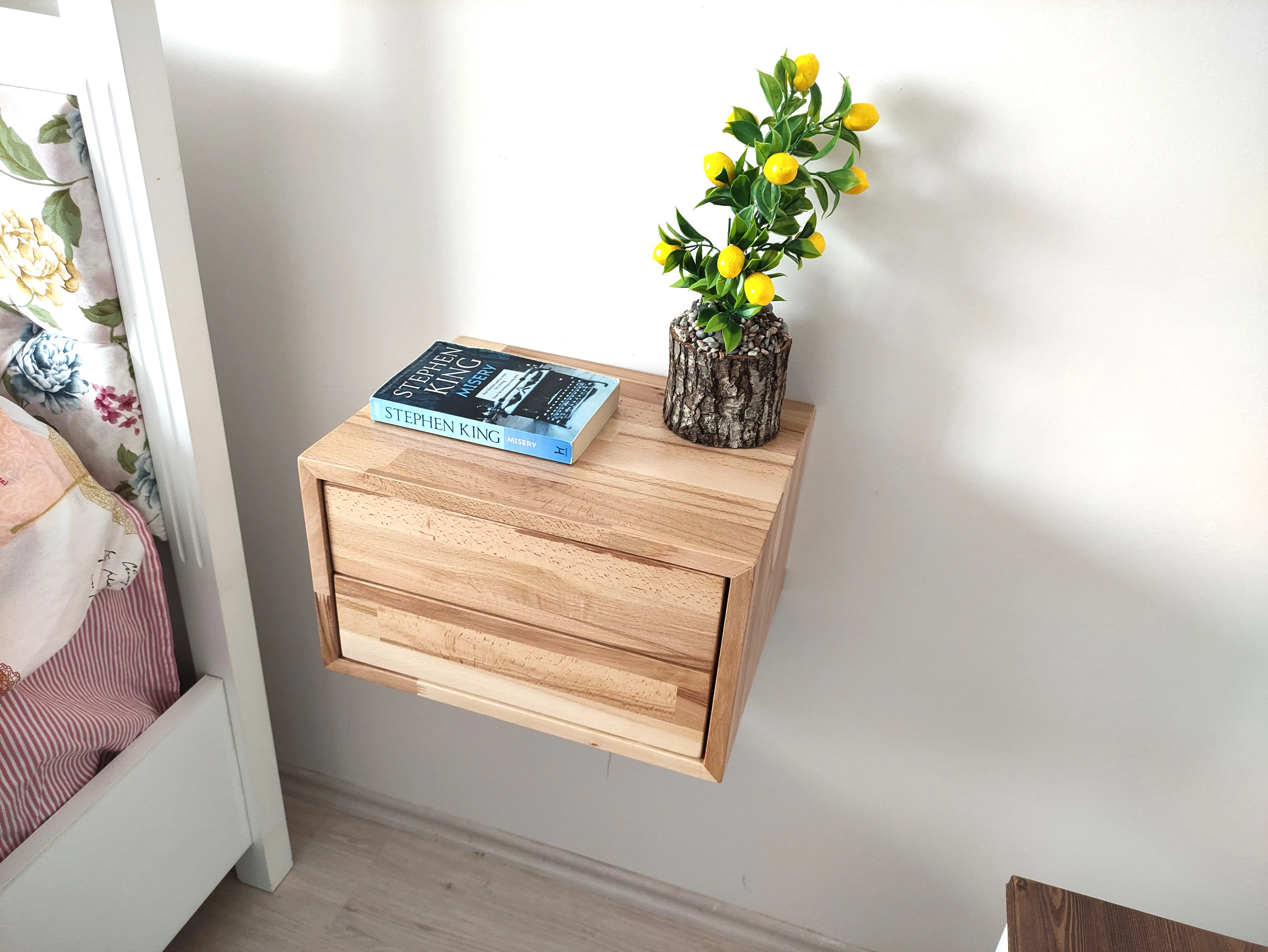 Wall Mounted Bedside Table Short with Bass Drop Drawer and Natural Beech Oak Non toxic Floating Shelf Small rustic | Мебель