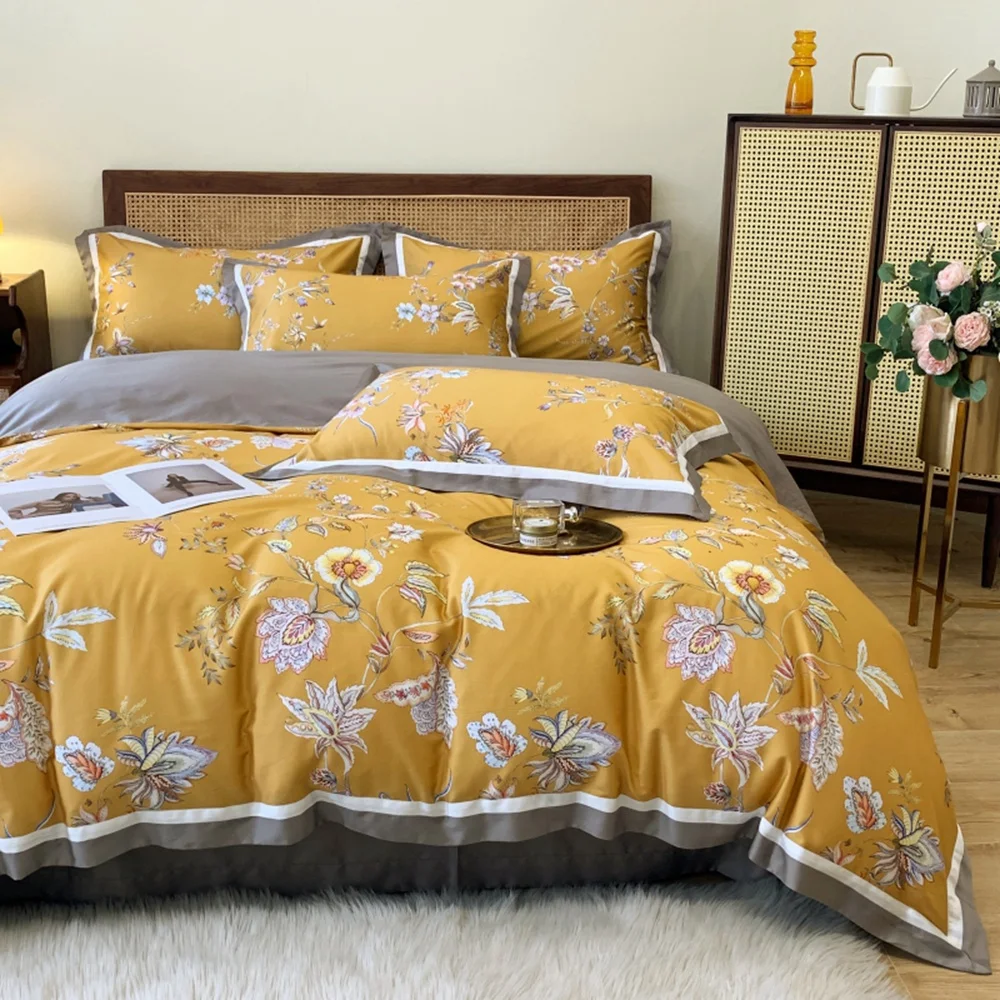 

Yellow leaf print bedding set Pastoral style Satin Egyptian cotton luxury linen Grils soft duvet cover bedspread