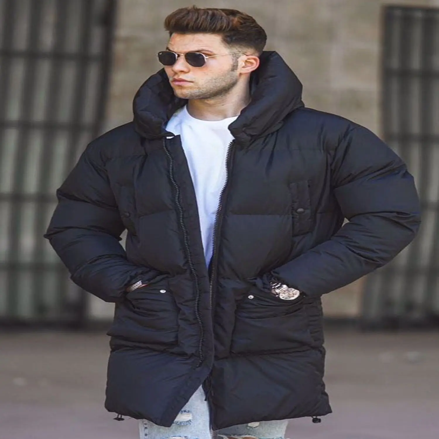 Black Inflatable Long Coats Winter warm men jacket coat casual autumn stand collar puffer thick şapka down filled jacket male