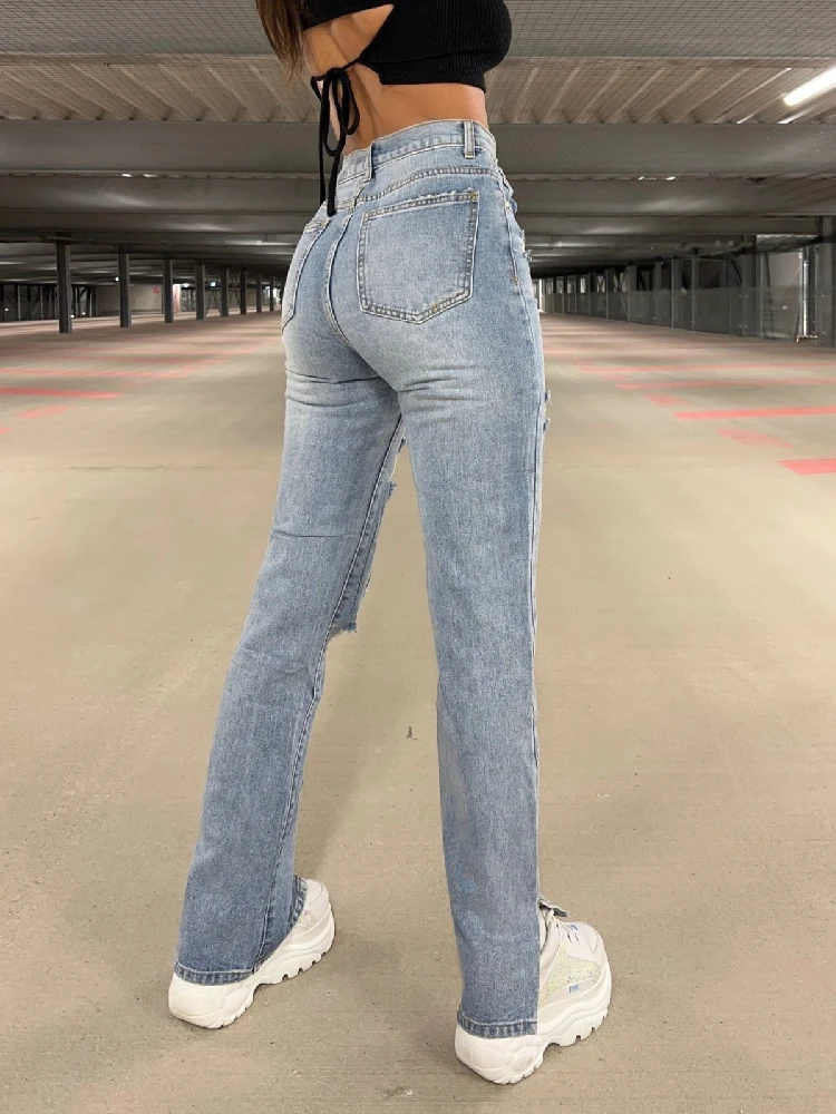 Straight Ripped Jeans Women High Waisted Jeans Pants Distressed Slit Hem Casual Streetwear Washed Summer Denim Trousers 2022