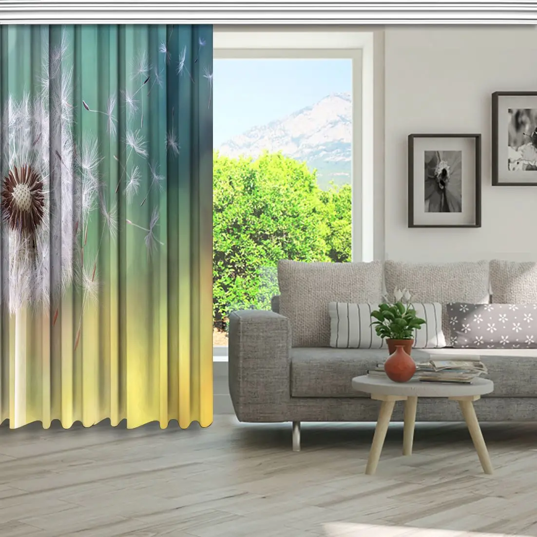 Занавеска семена одуванчика утренний солнечный свет дующий ветер летние дикие