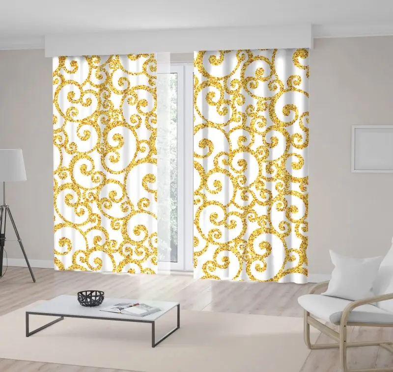 

Curtain Gold Filigree Swirl Pattern on White Background Vintage Floral Ornament Decorative Artwork