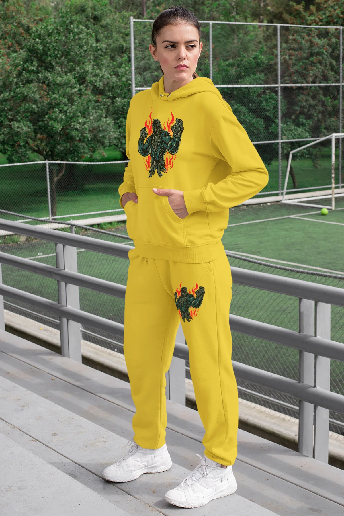 Женский спортивный костюм Angemiel желтый свитшот с капюшоном желтые спортивные