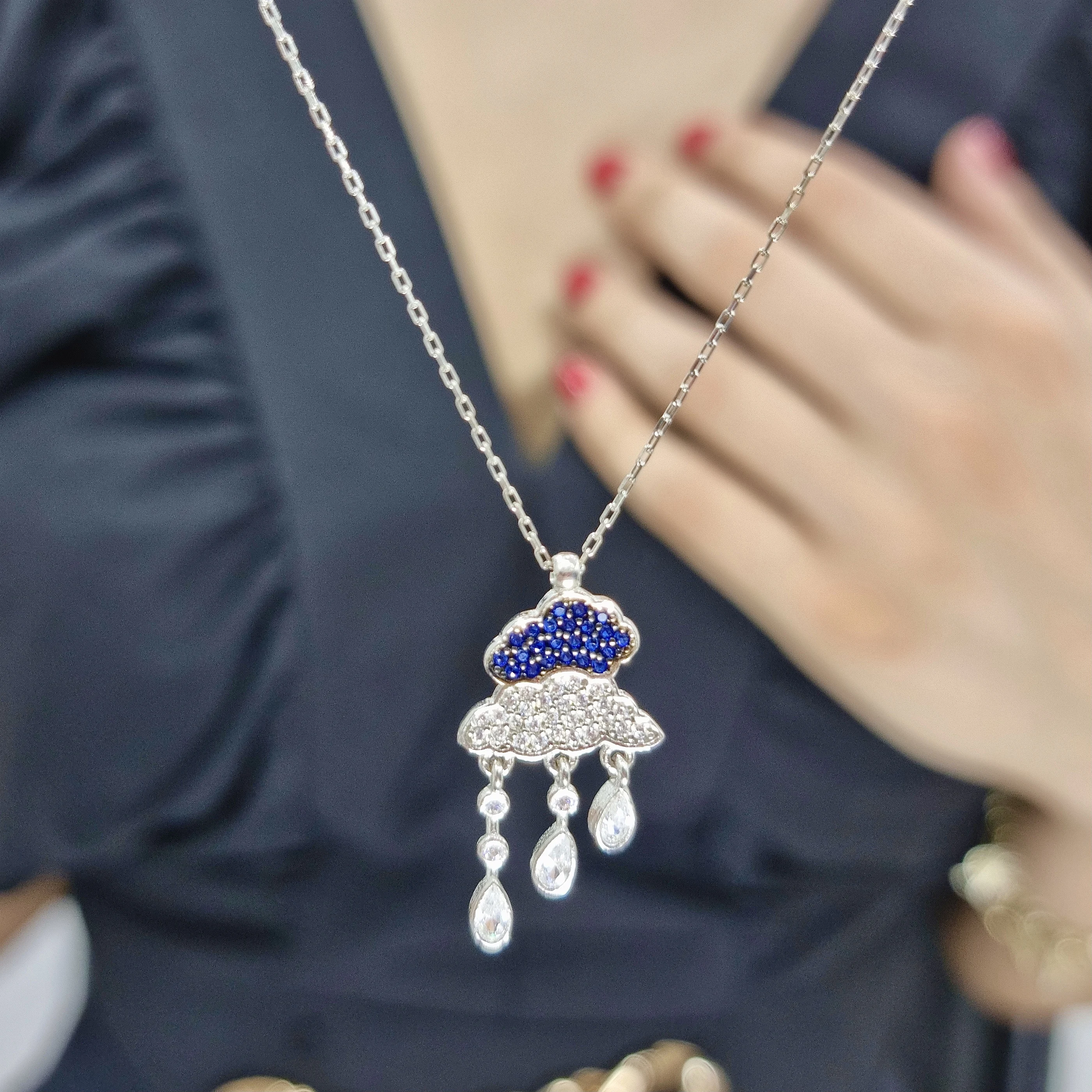 

Blue Zircon Stone Raindrop Cloud Handmade Necklace For Women Girls Valentine's Day Fashion Jewelry Elegant