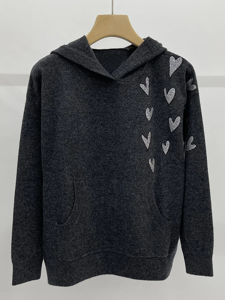 

Rowling Mirror Love Hot Diamond Woman Cashmere Hooded Sweater Long Sleeve Loose Lady Pullover Casual Classic Femme Tops 2022
