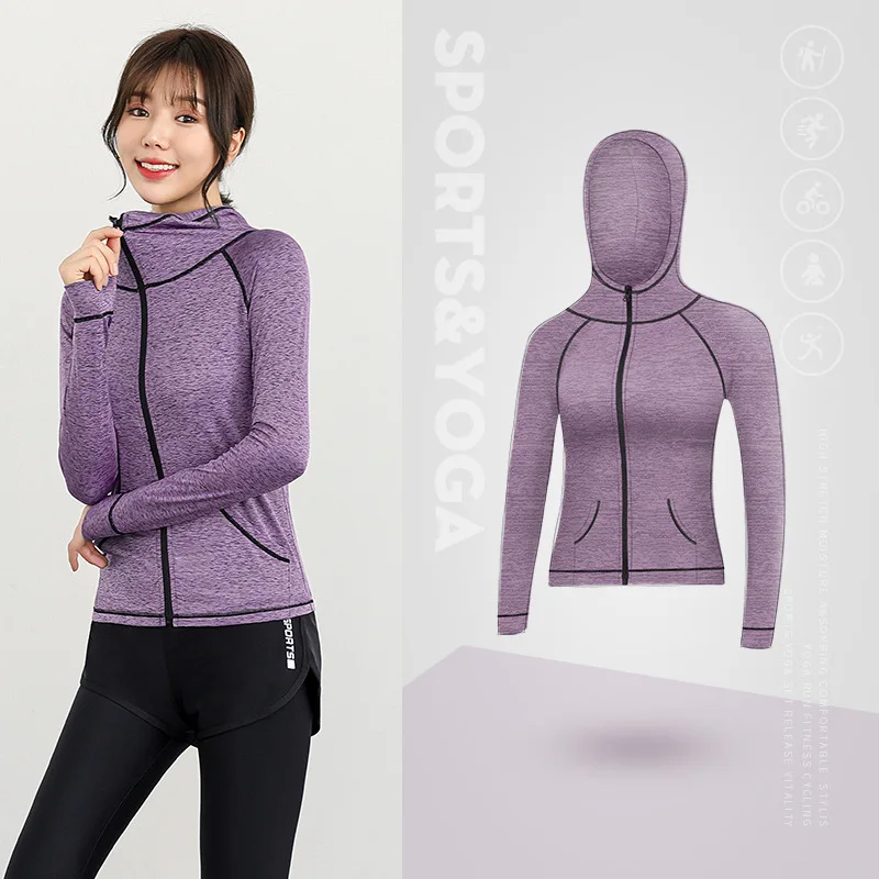 Women Running Jackets Long Sleeve Hooded Yoga Shirts Sport Outdoor Coat Zipper Sweatshirts Gym Fitness Tops Ladies Sportswear