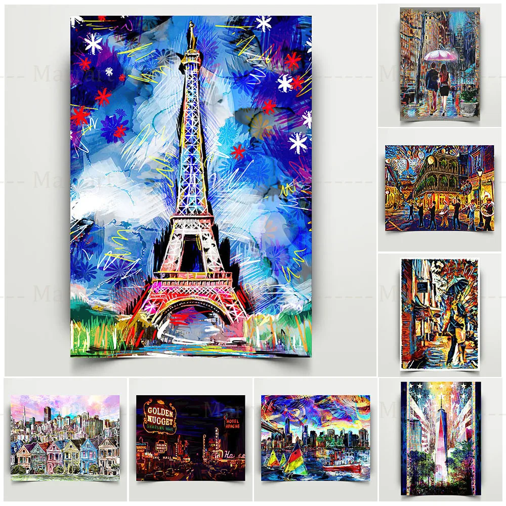 

Freedom Tower In New York And Eiffel Tower In Paris Abstract Oil Painting Art Poster Canvas Print Romantic Couple Wall Art Decor