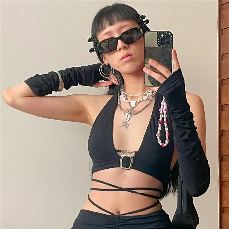 

2022 Chic Fashion Letters Halter Crop Tops With Sleeve Women Backless Sleeveless Cropped Top Streetwear