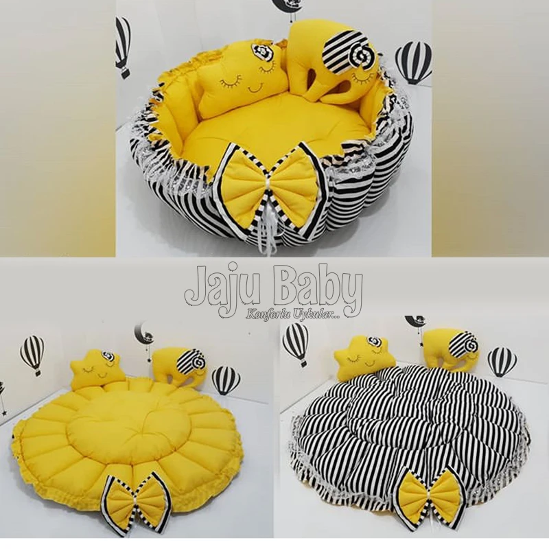 Jaju Baby Handmade Yellow, Black Striped Play Mat Babynest Bedside Double-sided Use Baby Activity Portable Newborn Confortable