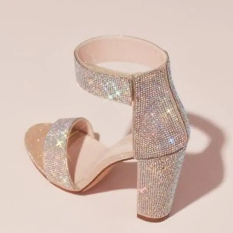 Sandalias de tacón de bloque de cristal para mujer, zapatos de vestir de tela con lentejuelas ostentosas, con punta abierta y correa en el tobillo, color rosa y plateado