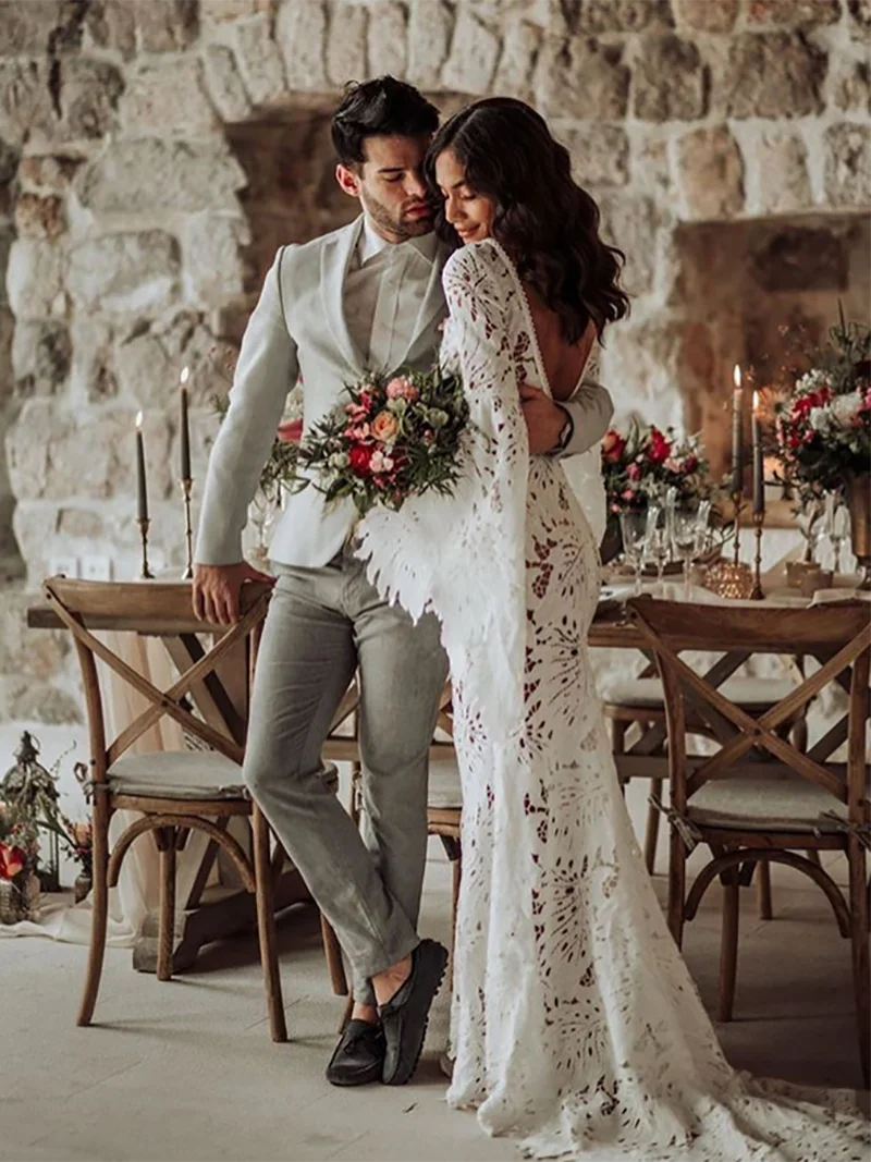 Boat Neck Mermaid Cut Out Lace Wedding Gowns Boho Long Batwing Sleeves 2021 Custom Made Backless Ceremony Plus Size Bridal Dress