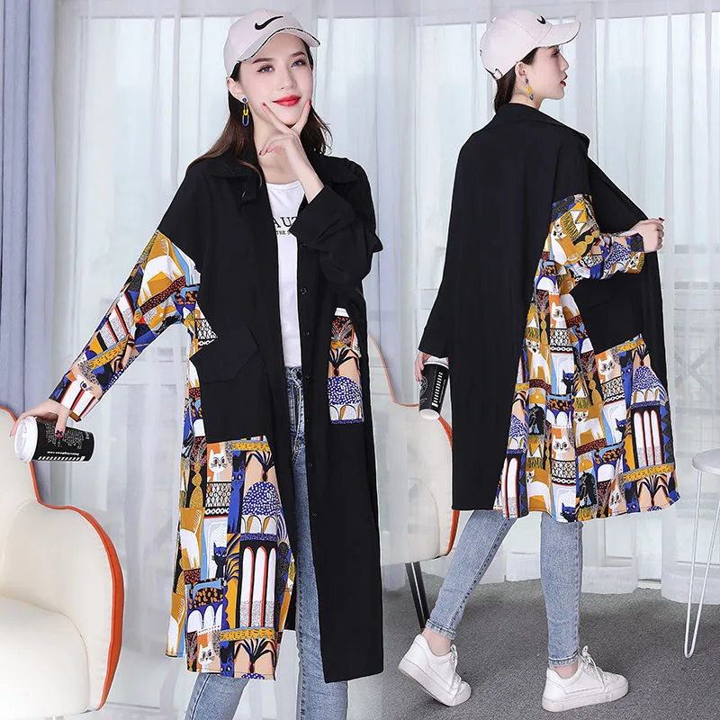 

2021 Hot Lady Korean Large Big Plus Size Fat Women Clothes Long Sleeve Loose Tops Large Print Long Coat And Jackets For Women