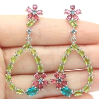 57x27mm multi color garnet aquamarine green peridot smokey topaz female fine jewelry wedding silver earrings
