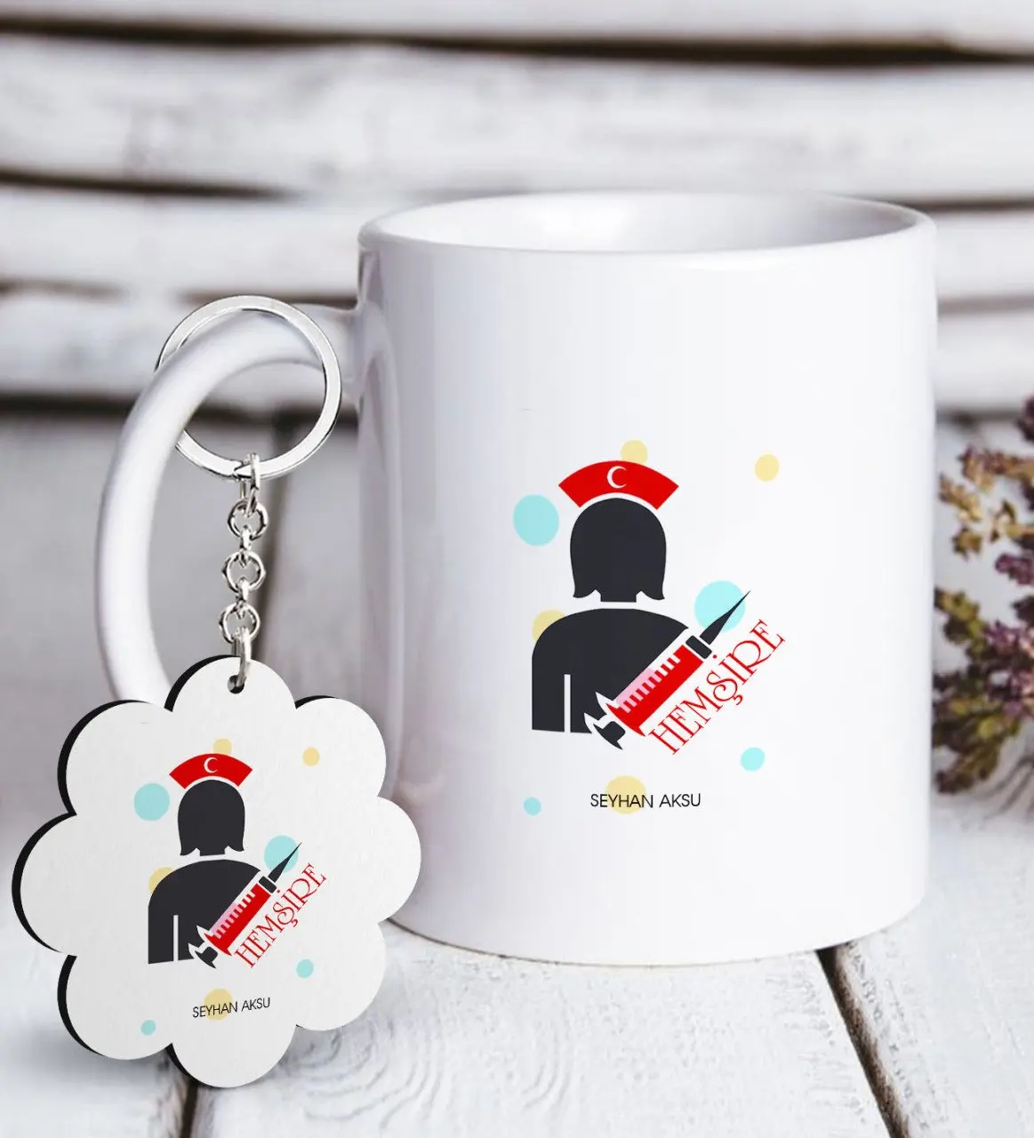 

Personalized Professional Nurse White Mug and Keychain Gift Seti-3