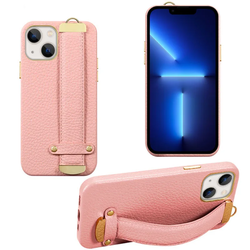 

Holding Strap Metal Genuine Leather Luxury Pebble Grain Leather Phone Case For iPhone 12 13 Pro MAX