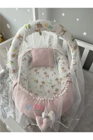 jaju baby handmade powder waffle pique and gazalle fabric pompom babynest mosquito net and toy apparatus portable baby bed