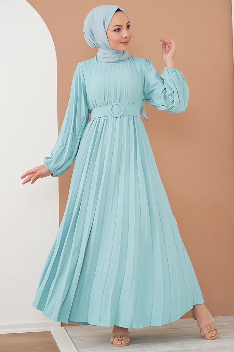 

Women Muslim Pleated Belted Ayrobin Dress Ramadan New Fashion 2022 Turkey Islamic Clothing Abayas Casual Dubai Hijab Solid Color