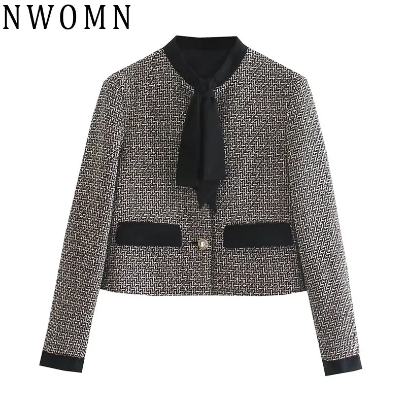 

NWOMN Women Textured Tweed Jacket Woman 2021 Long Sleeve Cropped Blazer Autumn Winter Elegant Office Female Blazers