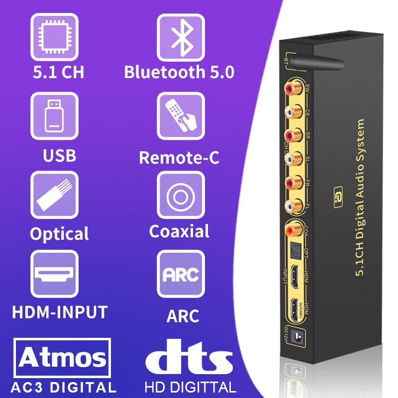 5.1CH аудио преобразователь декодер Bluethooth 5,0 DAC HDMI-совместимая дуга для ТВ SPDIF коаксиальный RCA DTSHD AC3 FLAC APE 4K * 2K 192 кГц