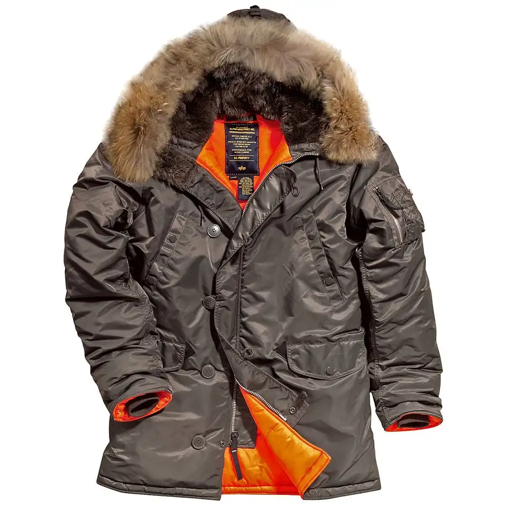 Куртка-аляска зимняя. Slim Fit N-3B Parka с натуральным мехом NorDenali мужская Replica Grey/Orange
