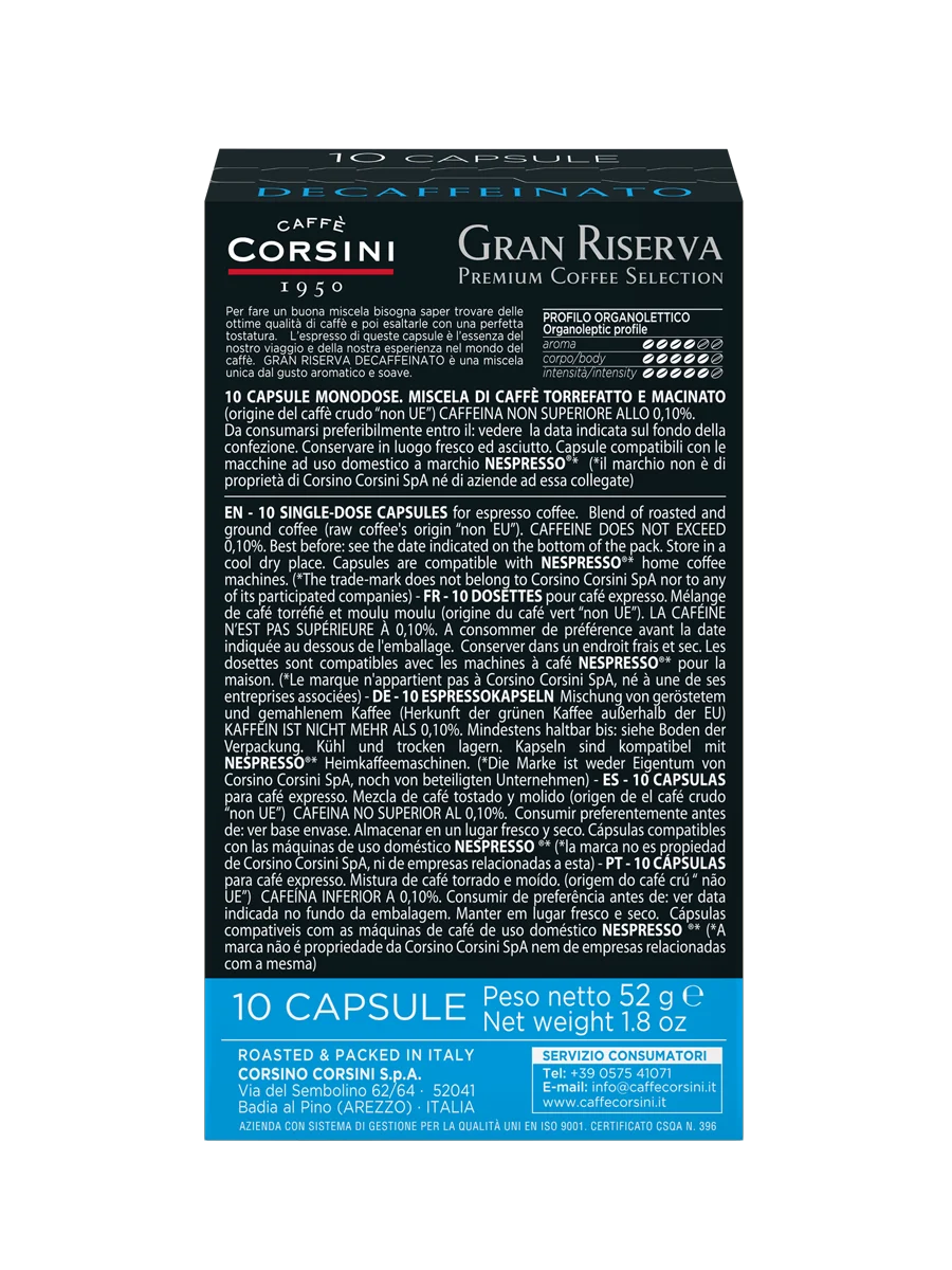Кофе в капсулах Nespresso® Caffe Corsini Gran Riserva Decaffeinato 52г (10 х 5.2г) | Продукты