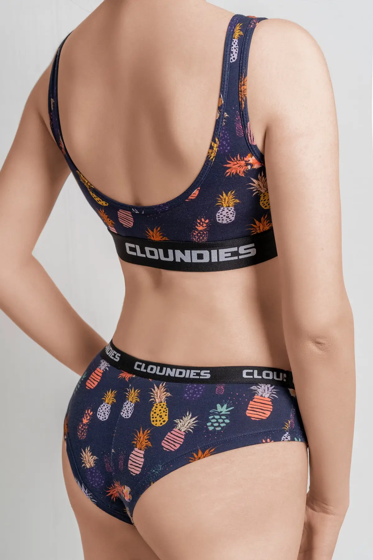 Women's Navy Blue Pineapple Print Underwear Set And Stockings Set