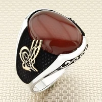 dished oval red agate stone men silver ring with ottoman tugra motif made in turkey solid 925 sterling silver