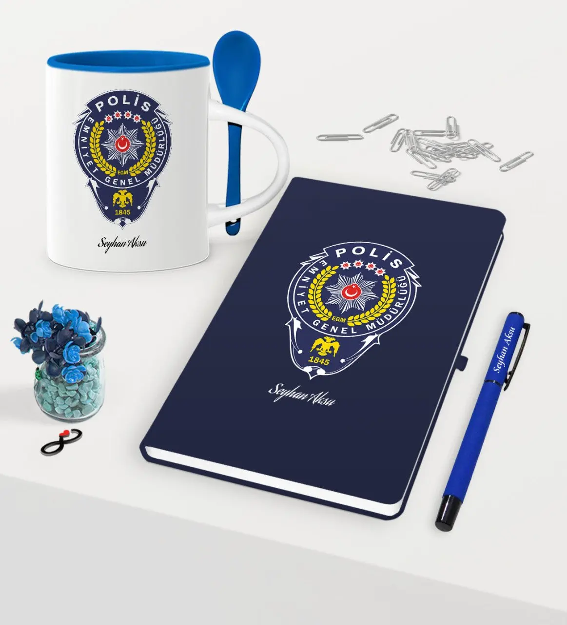 

Personalized Cop Themed Navy Blue Notebook Pen Spoon Mug Set-2