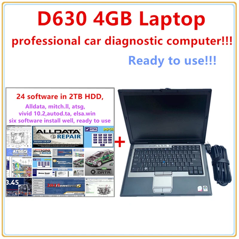 2022, диагностический ноутбук для D630, 4 Гб, профессиональный, Win7, Wi-Fi, DVD с 2 ТБ hdd, может работать, автоматический ремонт, программное обеспечение alldata, alldata онлайн