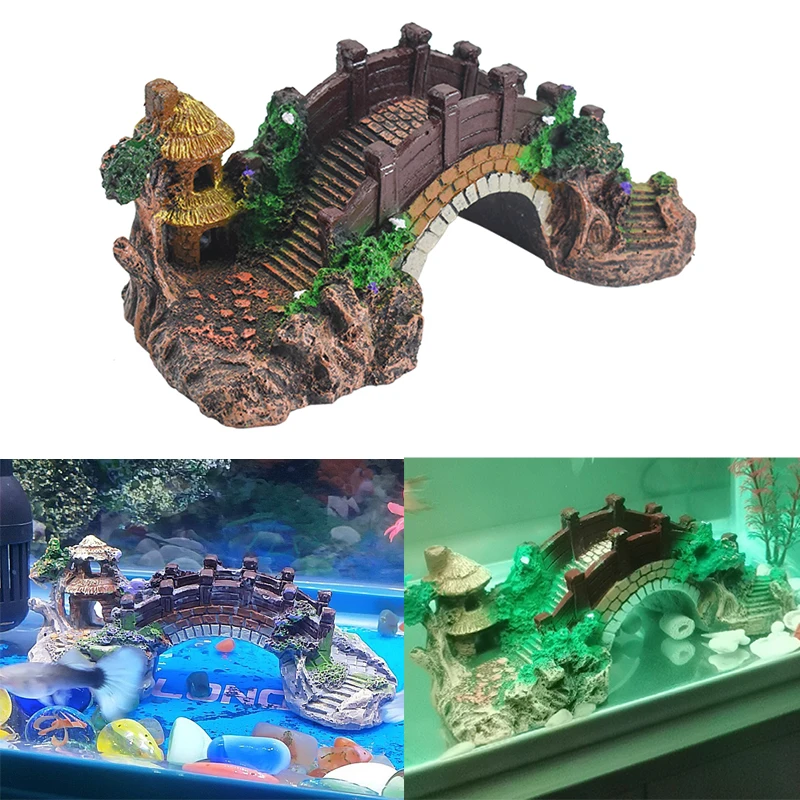 

Aquarium Fish Tank Vintage Decorative Bridge Landscape Ornaments Pavilion Tree Plants Resin Design Pet Supplies Home Decorations