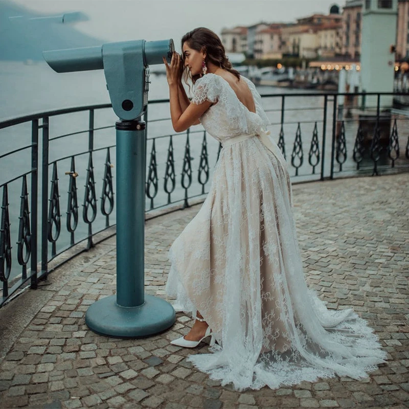 

Bohemian Lace Champagne Wedding Dress Lace Beach A Line Backless Princess Bridal Gowns Custom Made Cap Sleeves Robe De Mariee