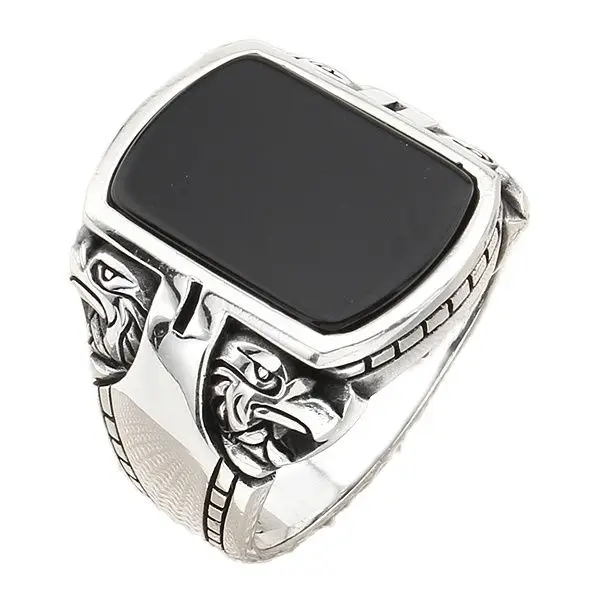 

Мужское серебряное кольцо с прямоугольным черным ониксом, ювелирное изделие с фигурками орла, подарок для мужа