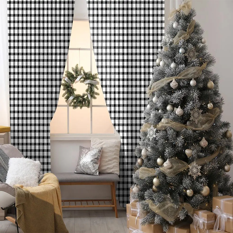 

Curtain Check Plaid Pattern Traditional Fabric Design Country Style Decor Artwork Printed Black White