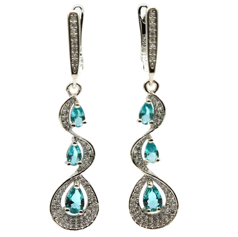 Длинные серьги SheCrown из розового турмалина с аквамарином и белым фианитом для