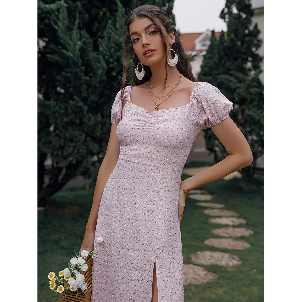 

Summer Dress Women Short Puff Sleeve Flroal Printed Ruched Party High Split Long Maxi Dresses Sexy Vestidos Sundress