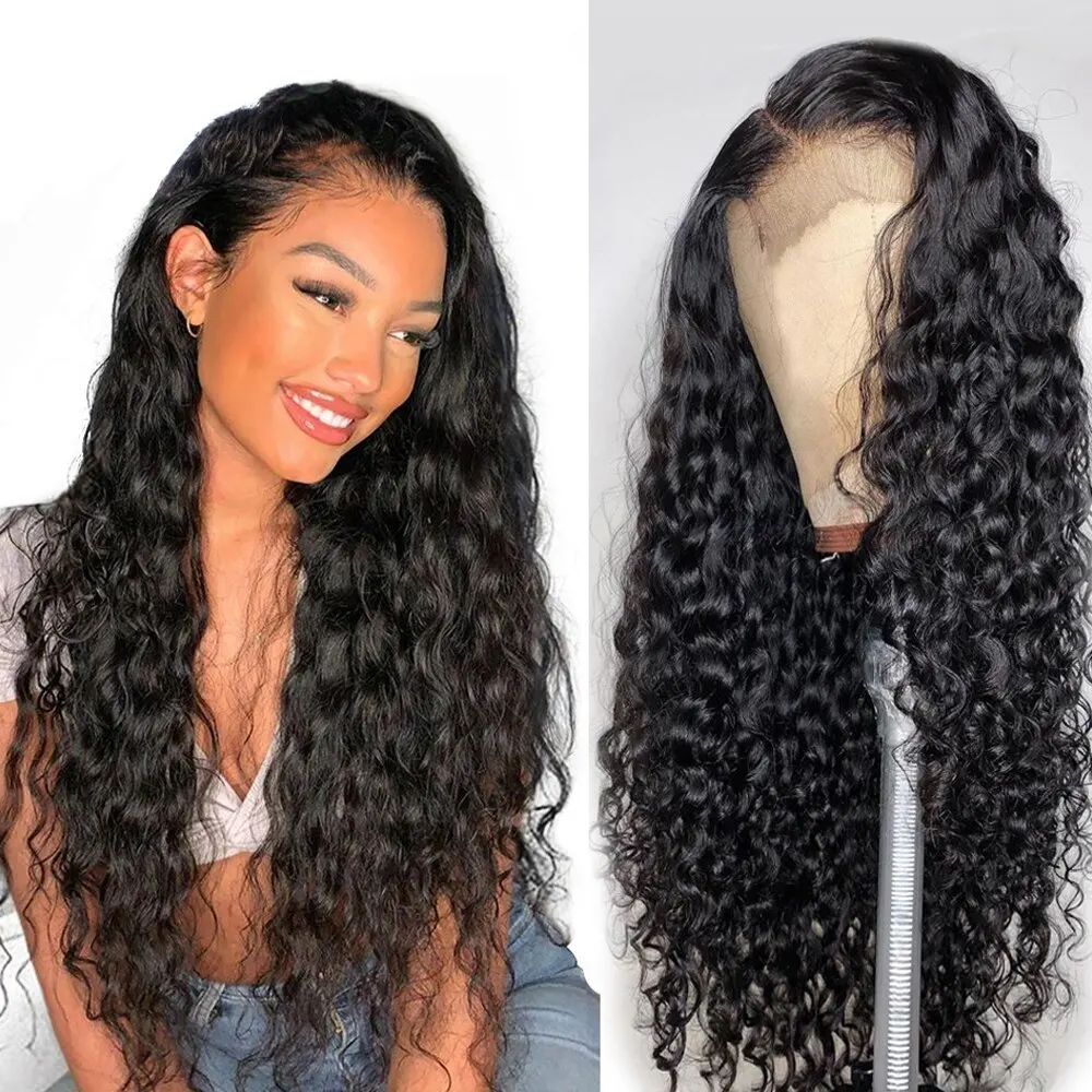 Water Wave Wig Transparent Lace Frontal Wigs 8-30 Inch Long 4x4 Peruvian Wet and Wavy Curly Lace Front Human Hair Wigs
