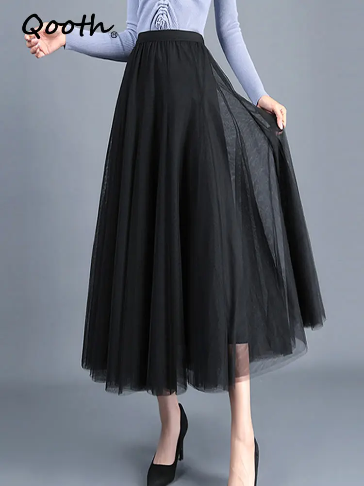 

Qooth Spring Summer High-waisted Pleated Skirt Fashion A-line Black Skirt Women Elegant Skirts QT377