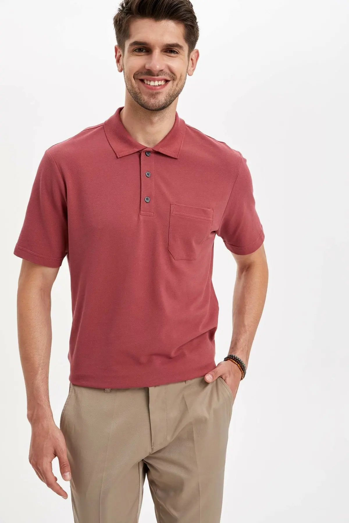 Дефакто Мужская модная рубашка поло Повседневная однотонная с коротким рукавом