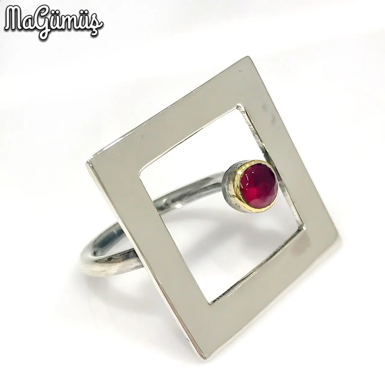 

Ruby Stone Square Hand Production Authentic Style Women Silver Ring