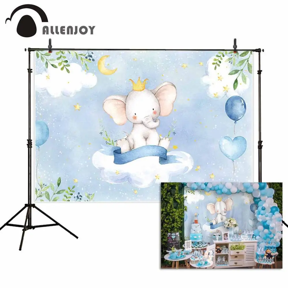 Фотофон Allenjoy baby shower фотосессия слон облако листья шары луна звезды день рождения