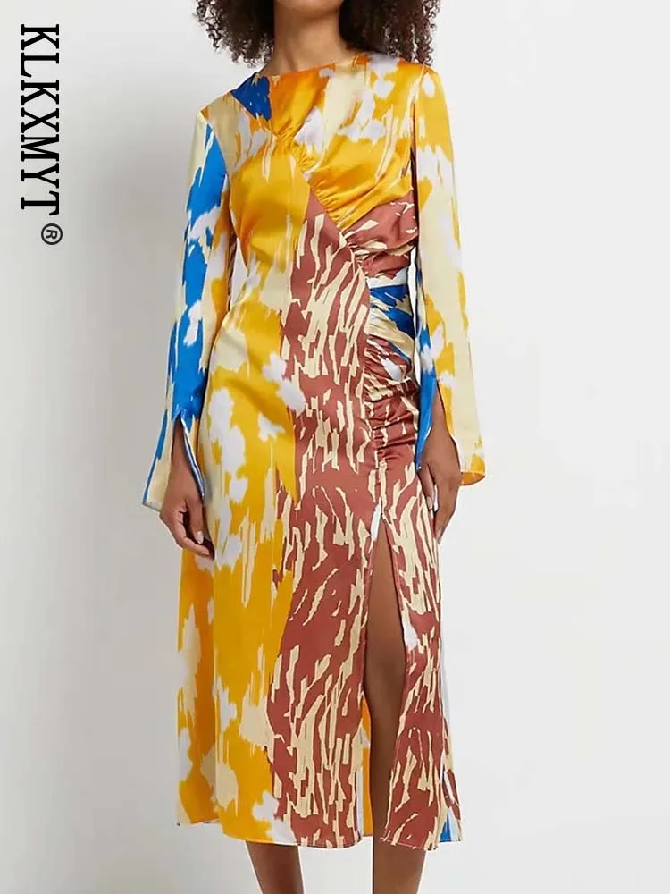 

Klkxmyt Spring Dress Women Traf Satin Dress 2022 Fashion Print Party Dresses Woman Elegant Long Sleeve Midi Ladies Dresses