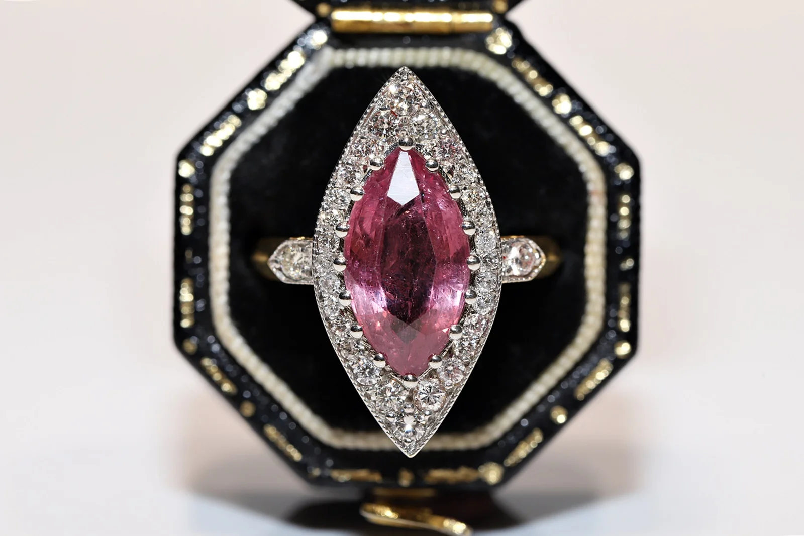 

Antique Art Deco Style 14k Gold New Made Natural Diamond And Ruby Decorated Navette Strong Ring