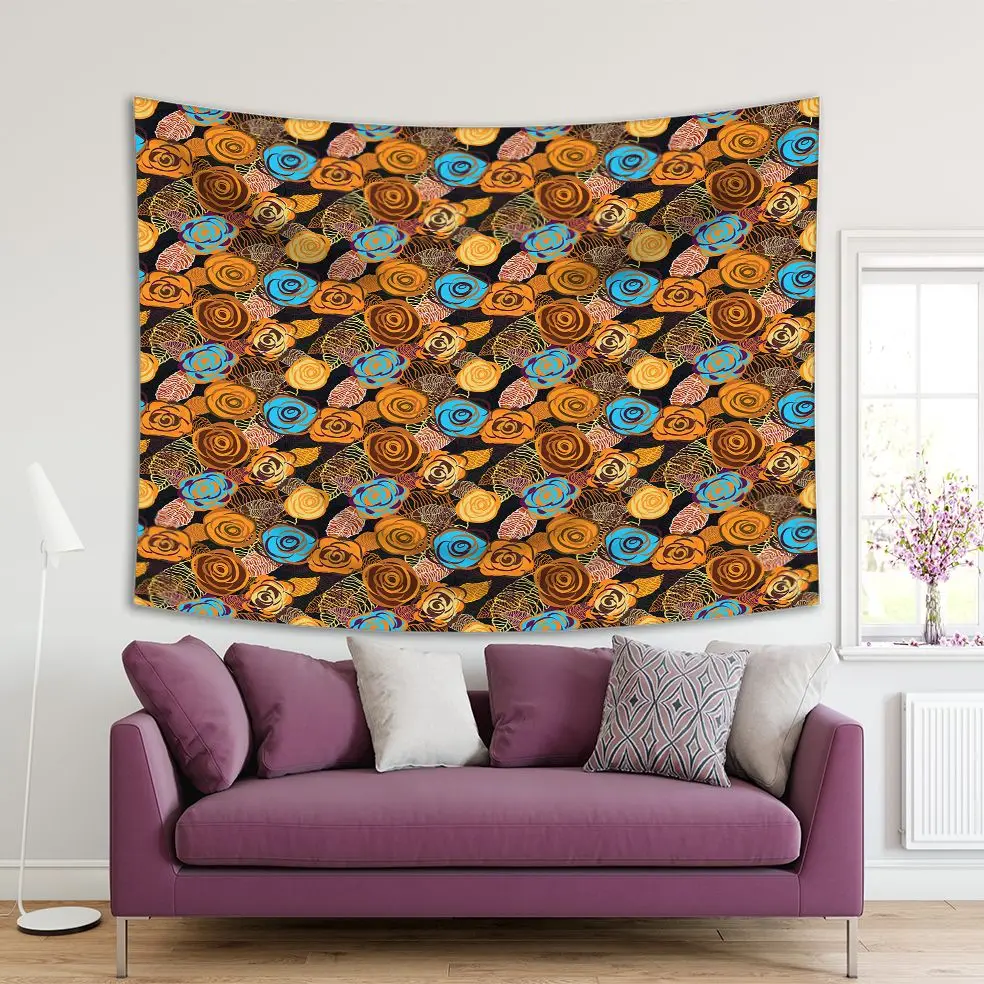 

Tapestry Rose Pattern Summer Flower Garden Dark Colors Romantic Decorative Art Orange Blue Brown