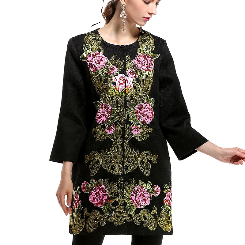 Осень, Женское пальто, модное, подиум, с принтом кактуса, 3XL, Тренч, элегантное, женское, с длинным рукавом, большое, шерстяное, с вышивкой, пальто - Цвет: Gold Embroidery