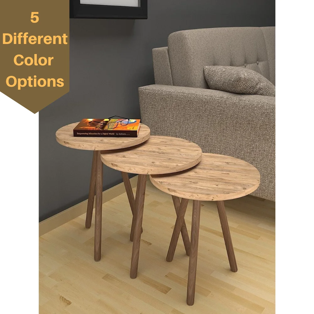 

Modern Nesting Table Wooden Legs 3-Set Round Coffee Table Modern Furniture For Living Room 5 Color Options Side Table