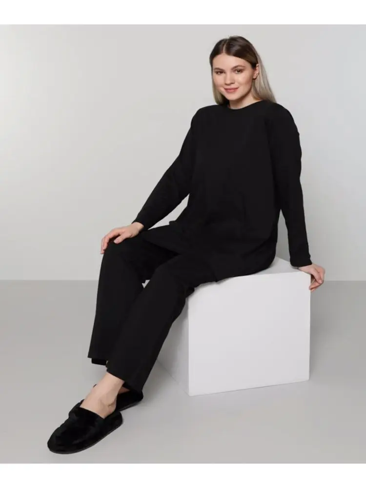 

Plus Size Natural Fabric Double Track Suit Casual High Waist Wide Leg 2 Piece Muslim Women Sets Hijab Fashion 2021 Autumn Winter